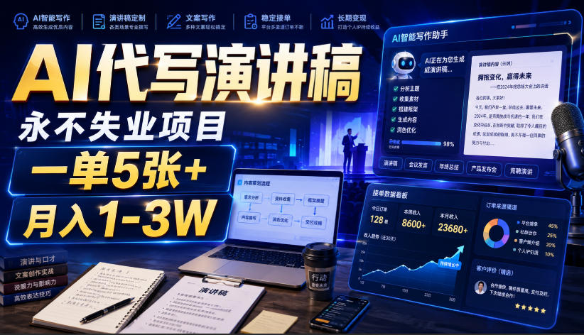 AI代写演讲稿，永不失业项目，一单5张+，月入1-3W【揭秘】|淘骐网赚资源库