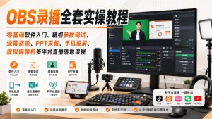OBS录播全套实操教程|零基础软件入门、精细参数调试、绿幕抠像、手机投屏、虚拟摄像机多平台直播落地课程|淘骐网赚资源库