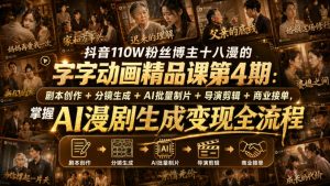 抖音110W粉丝博主十八漫的字字动画精品课第4期：剧本创作+分镜生成+剪辑+商业接单，掌握AI漫剧生成变现全流程|淘骐网赚资源库