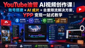 YouTube油管AI视频创作课|账号搭建+AI成片+去重限流解决方案,YPP变现一站式教学|淘骐网赚资源库