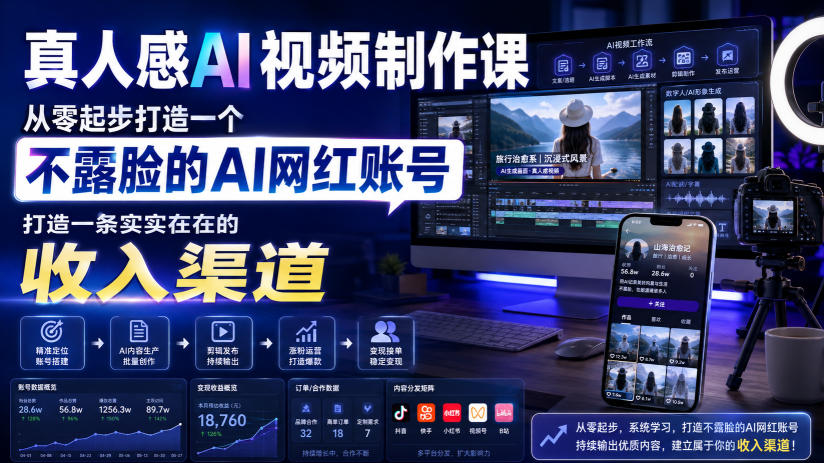 真人感AI视频制作课，从零起步打造一个不露脸的AI网红账号，打造一条实实在在的收入渠道【原创双语字幕】|淘骐网赚资源库