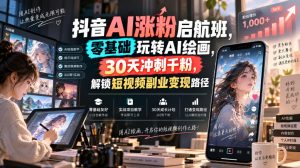 抖音AI涨粉启航班,零基础玩转AI绘画,30天冲刺千粉,解锁短视频副业变现路径|淘骐网赚资源库