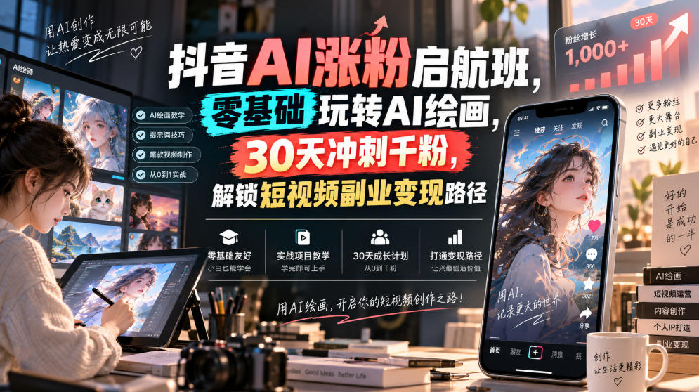 抖音AI涨粉启航班，零基础玩转AI绘画，30天冲刺千粉，解锁短视频副业变现路径|淘骐网赚资源库