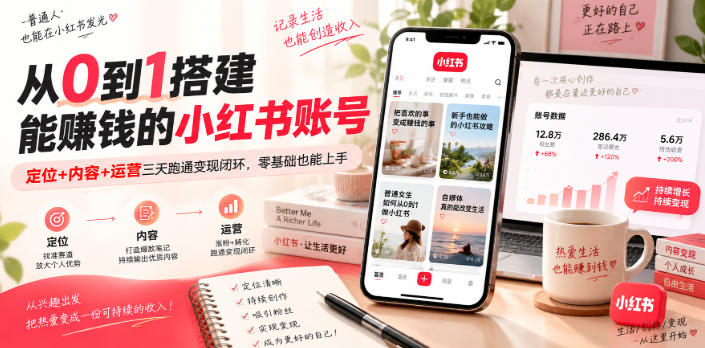 从0到1搭建能賺钱的小红书账号，定位+内容+运营三天跑通变现闭环|淘骐网赚资源库