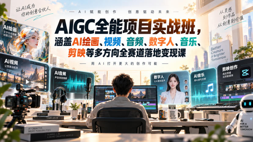 AIGC全能项目实战班-无水印，涵盖AI绘画、视频、音频、数字人、音乐、剪映等多方向全赛道落地变现课（更新）|淘骐网赚资源库