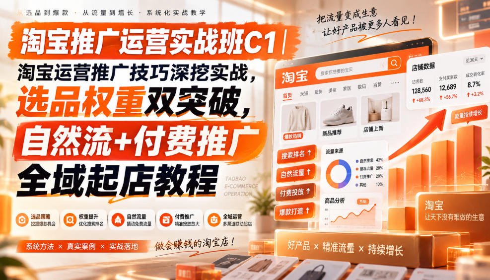 淘宝推广运营实战班C1｜淘宝运营推广技巧深挖实战，选品权重双突破，自然流+付费推广全域起店教程|淘骐网赚资源库