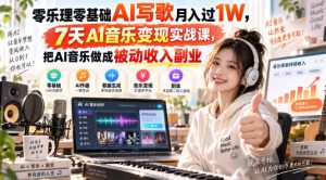 零乐理零基础AI写歌月入过1W,7天AI音乐变现实战课,把AI音乐做成被动收入副业|淘骐网赚资源库
