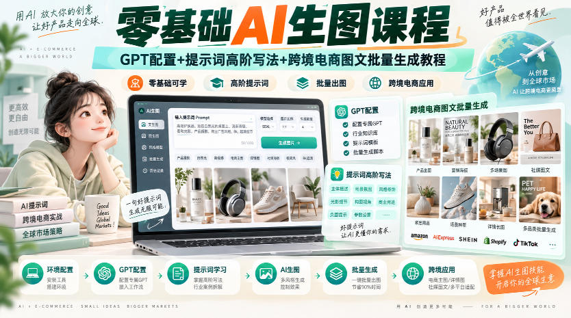 零基础AI生图课程，GPT配置+提示词高阶写法+跨境电商图文批量生成教程|淘骐网赚资源库