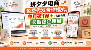 拼夕夕电商免费代发合作模式,单月破1W+(名额有限)长期稳定项目【揭秘】|淘骐网赚资源库