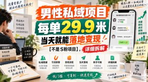 男性私域项目，每单29.9米，当天就能落地变现【不是S粉项目】，详细拆解|淘骐网赚资源库