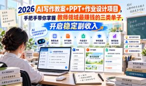 2026 AI写作教案+PPT+作业设计项目,手把手带你掌握教师领域最賺钱的三类单子,开启稳定副收入|淘骐网赚资源库