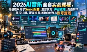 2026AI音乐实战课程,零基础从零学Suno编曲、混音优化、声音克隆、版权注册,覆盖多风格歌曲创作与账号变现(更新0921)|淘骐网赚资源库