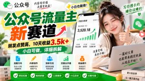 公众号流量主新赛道,转发点赞高,10天收益3.5k+小白可做,详细拆解|淘骐网赚资源库
