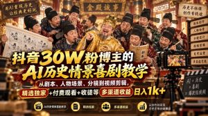 抖音30W粉博主的AI历史情景喜剧教学,从剧本、人物场景、分镜到视频剪辑,精选独家+付费观看+收徒等多渠道收益日入1k+|淘骐网赚资源库