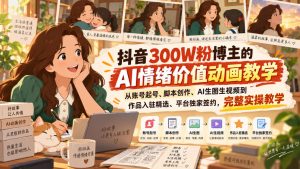 抖音300W粉博主的AI情绪价值动画教学,从账号起号、脚本创作、AI生图生视频到作品入驻精选、平台独家签约,完整实操|淘骐网赚资源库