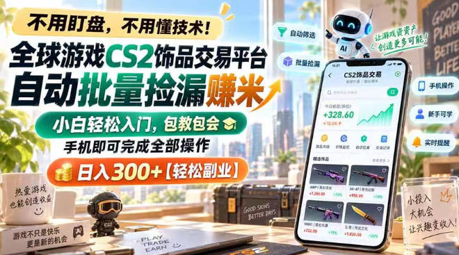 全球游戏CS2饰品交易平台自动批量捡漏賺米，小白轻松入门，包教包会，手机即可完成全部操作，日入300+【揭秘】|淘骐网赚资源库