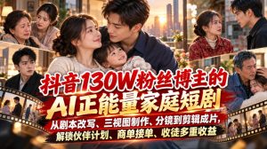 抖音130W粉丝博主的AI正能量家庭短剧,从剧本改写、三视图制作、分镜到剪辑成片,解锁伙伴计划、商单接单、收徒多重收益|淘骐网赚资源库