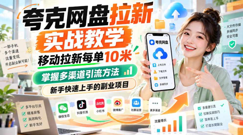 夸克网盘拉新实战教学，移动拉新每单10米，掌握多渠道引流方法，新手快速上手的副业项目|淘骐网赚资源库