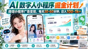 【无水印】AI数字人小程序掘金计划,微信小程序广告变现,每天30‑60分钟,日入100‑1k+|淘骐网赚资源库