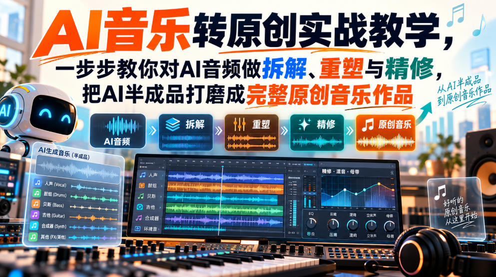 AI音乐转原创实战教学，一步步教你对AI音频做拆解、重塑与精修，把AI半成品打磨成完整原创音乐作品|淘骐网赚资源库