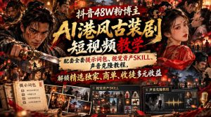 抖音48W粉博主AI港风古装剧短视频教学,配套全套提示词包、视觉资产SKILL、声音克隆教程,解锁精选独家、商单、收徒多元收益|淘骐网赚资源库