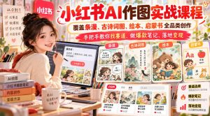小红书AI作图实战课程,覆盖条漫、古诗词图、绘本、启蒙书全品类创作,手把手教你找赛道、做爆款笔记、落地变现|淘骐网赚资源库