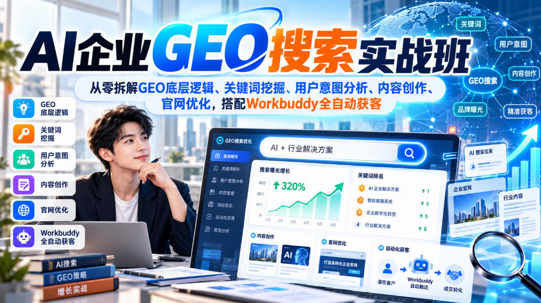 AI企业GEO搜索实战班，从零拆解GEO底层逻辑、关键词挖掘、用户意图分析、内容创作、官网优化，搭配Workbuddy全自动获客|淘骐网赚资源库