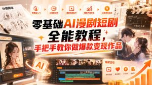 零基础AI漫剧短剧全能教程,从AI智能体搭建、文案脚本分镜、多平台AI生视频、剪映精修,覆盖全题材创作,手把手教你做爆款变现作品|淘骐网赚资源库