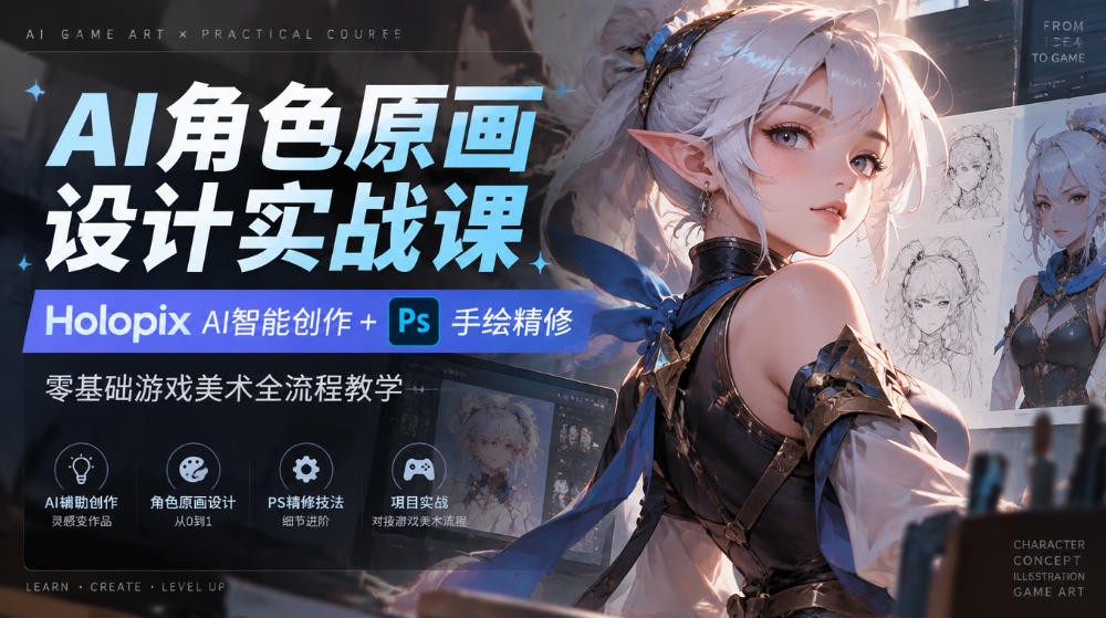 AI角色原画设计实战课｜Holopix AI智能创作+PS手绘精修，零基础游戏美术全流程教学|淘骐网赚资源库