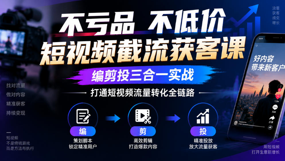 不亏品不低价短视频截流获客课，编剪投三合一实战，打通短视频流量转化全链路|淘骐网赚资源库