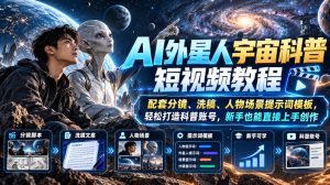 AI外星人宇宙科普短视频教程,配套分镜、洗稿、人物场景提示词模板,轻松打造科普账号,新手也能直接上手创作|淘骐网赚资源库