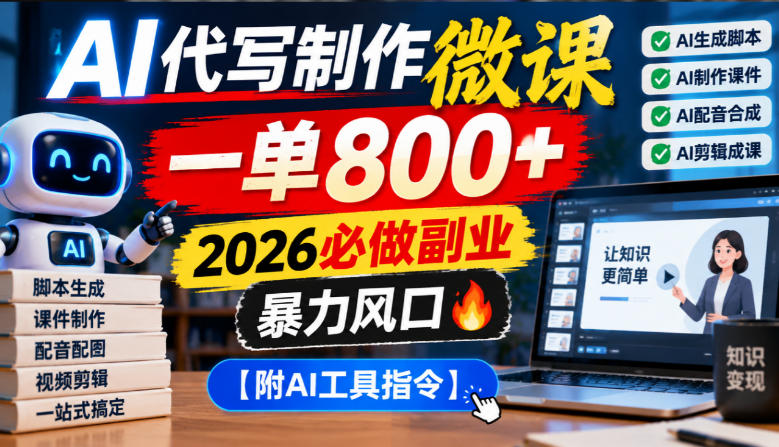 AI代写制作微课，一单800+，2026必做副业，暴力风口【附AI工具指令】【揭秘】|淘骐网赚资源库