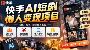 快手AI短剧懒人变现项目,0粉可做,无需剪辑直接搬运,手机简单操作靠短剧广告佣金增收|淘骐网赚资源库
