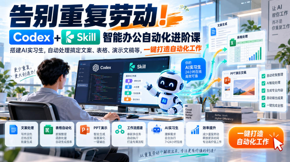 告别重复劳动！Codex+Skill智能办公自动化进阶课｜搭建AI实习生，自动处理搞定文案、表格、演示文稿等，一键打造自动化工作|淘骐网赚资源库
