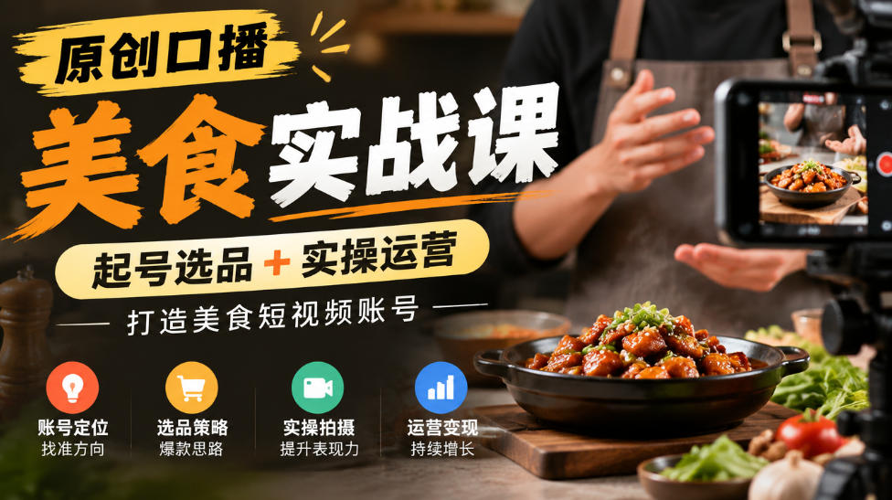 原创口播美食实战课，起号选品+实操运营，打造美食短视频账号|淘骐网赚资源库