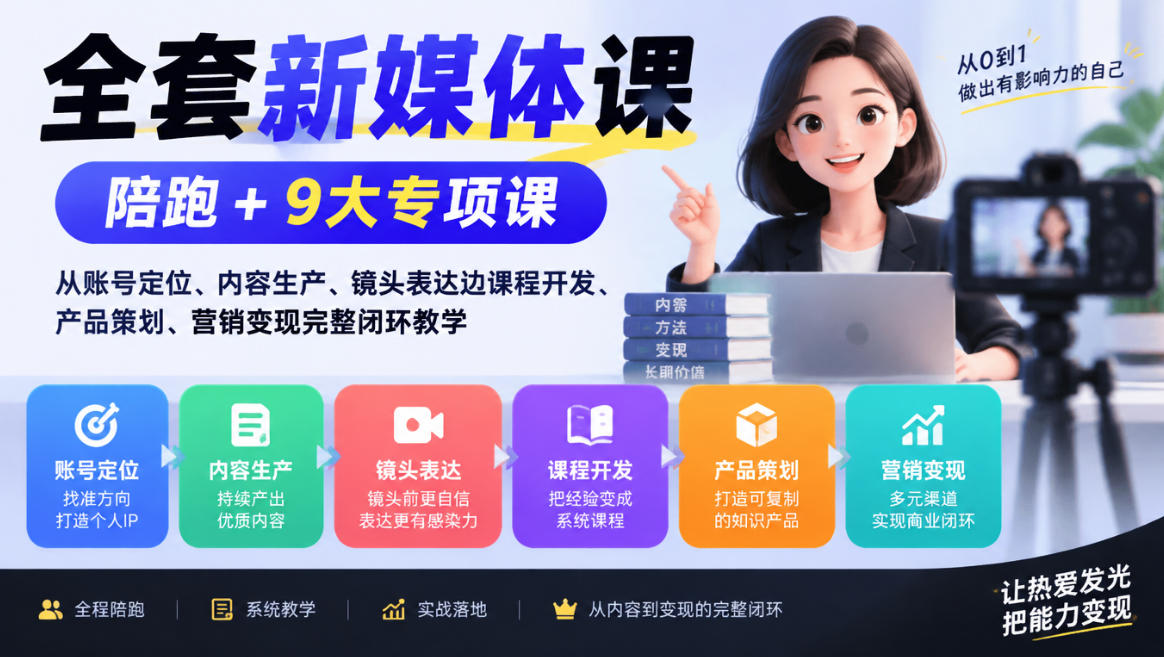 全套新媒体课|陪跑+9大专项课,从账号定位、内容生产、镜头表达到课程开发、产品策划、营销变现完整闭环教学