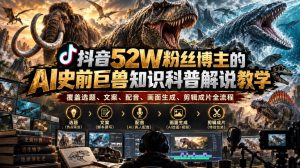 抖音52W粉丝博主的AI史前巨兽知识科普解说教学,覆盖选题、文案、配音、画面生成、剪辑成片全流程|淘骐网赚资源库