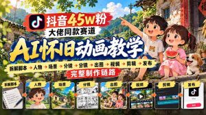 抖音45W粉大佬同款赛道AI怀旧动画实战课:拆解脚本→人物→场景→分镜→出图→视频→剪辑→发布完整制作链路|淘骐网赚资源库