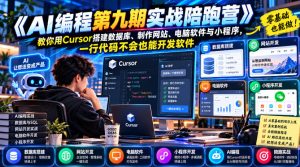 【无水印】《AI编程第九期实战陪跑营》教你用Cursor搭建数据库、制作网站、电脑软件与小程序,一行代码不会也能开发软件|淘骐网赚资源库