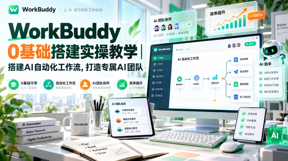 WorkBuddy 0基础搭建实操教学｜搭建AI自动化工作流，打造专属AI团队|淘骐网赚资源库
