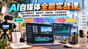 【无水印】AI自媒体全能实战课，掌握AI视频创作、爆款起号、剪映剪辑、抖音流量运营、直播带货与商业变现，从零基础到自媒体全链路实操|淘骐网赚资源库