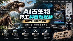 AI古生物转生科普短视频,18W粉丝博主课程,视频文案、剪辑发布全流程|淘骐网赚资源库